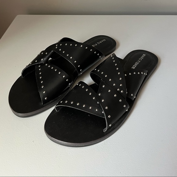 NWT Marc Fisher Black Studded Flat Sandals - Picture 2 of 6